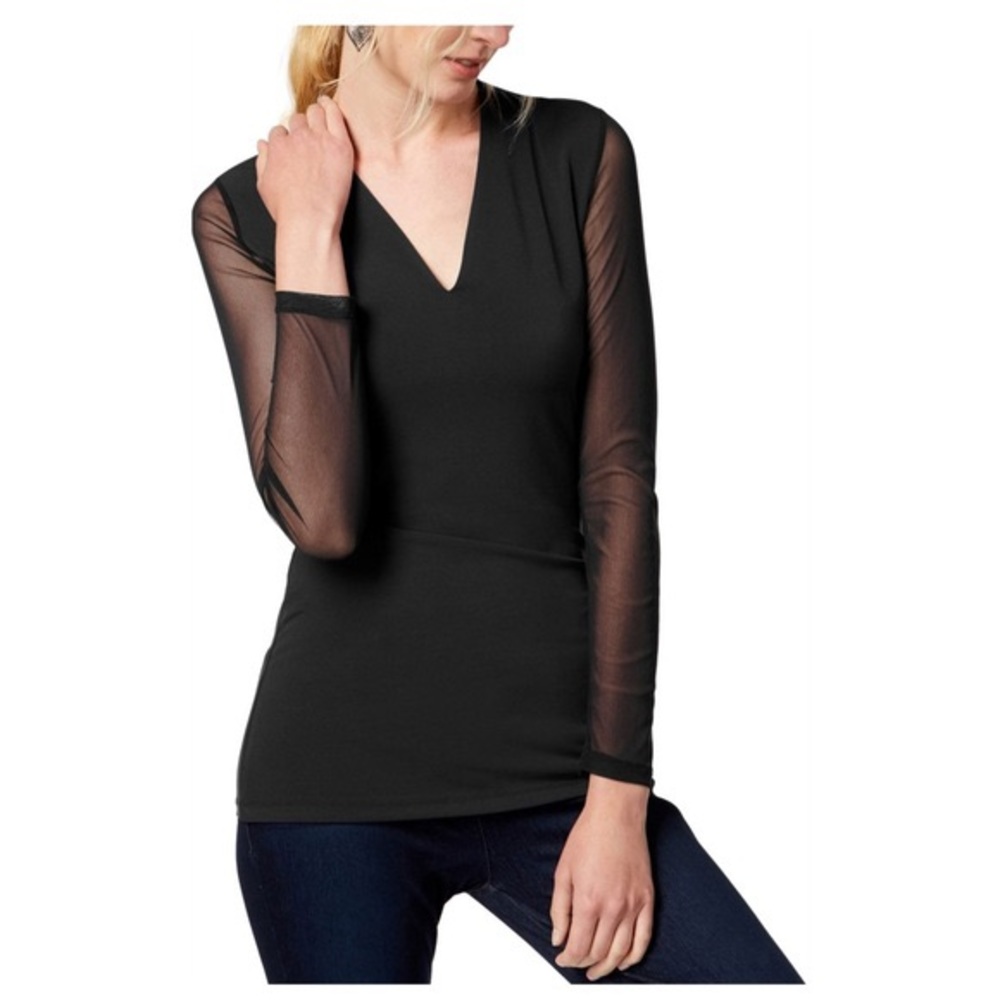 INC Sheer Sleeve V-neck Top